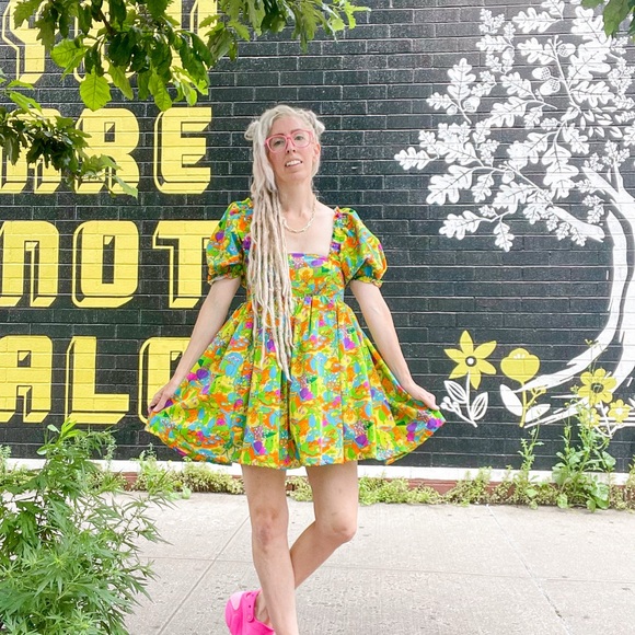 New York Couture *One of a Kind* Vintage PYSCHODELIC 1960’s Puff Sleeve Dress - Picture 1 of 9